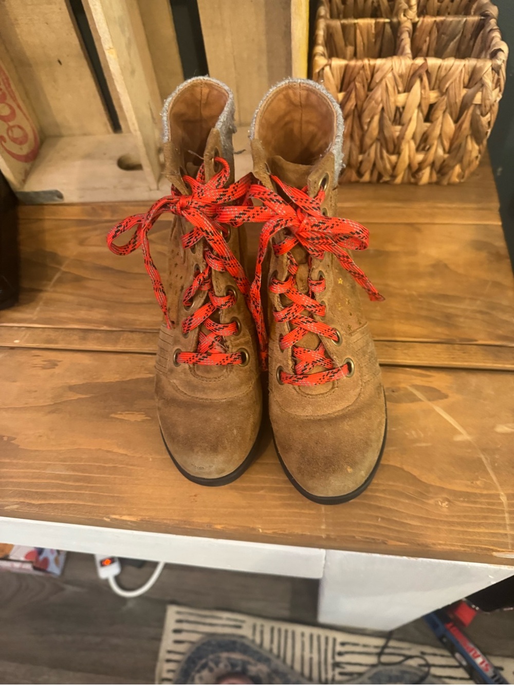 Sorel Kids Brown Suede Boots with Red Lace-Up Accents